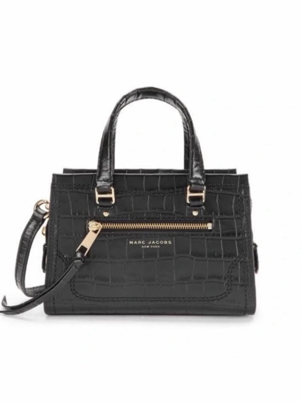Marc Jacobs Black Croc-Embossed Leather Top-Handle Satchel with Gold Hardware